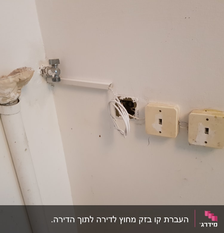 שני שקעים חשמליים על קיר עם חוטים חשופים